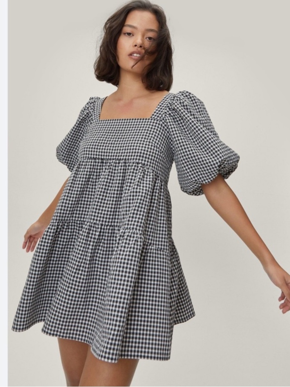 Nasty Gal Puff Sleeve Gingham Smock Mini Dress Size 2 babydoll